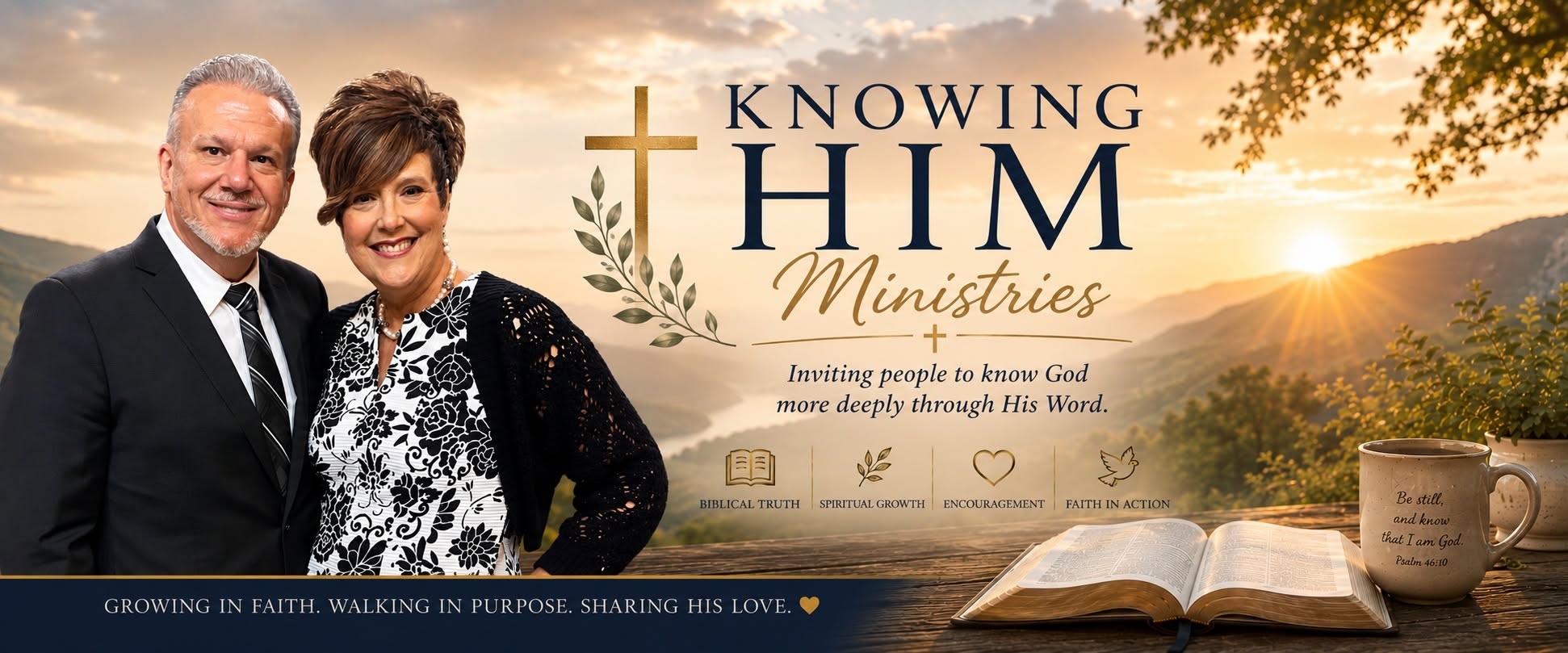 Knowing Him Ministries — Discover. Grow. Transform. Open Bible with crown logo