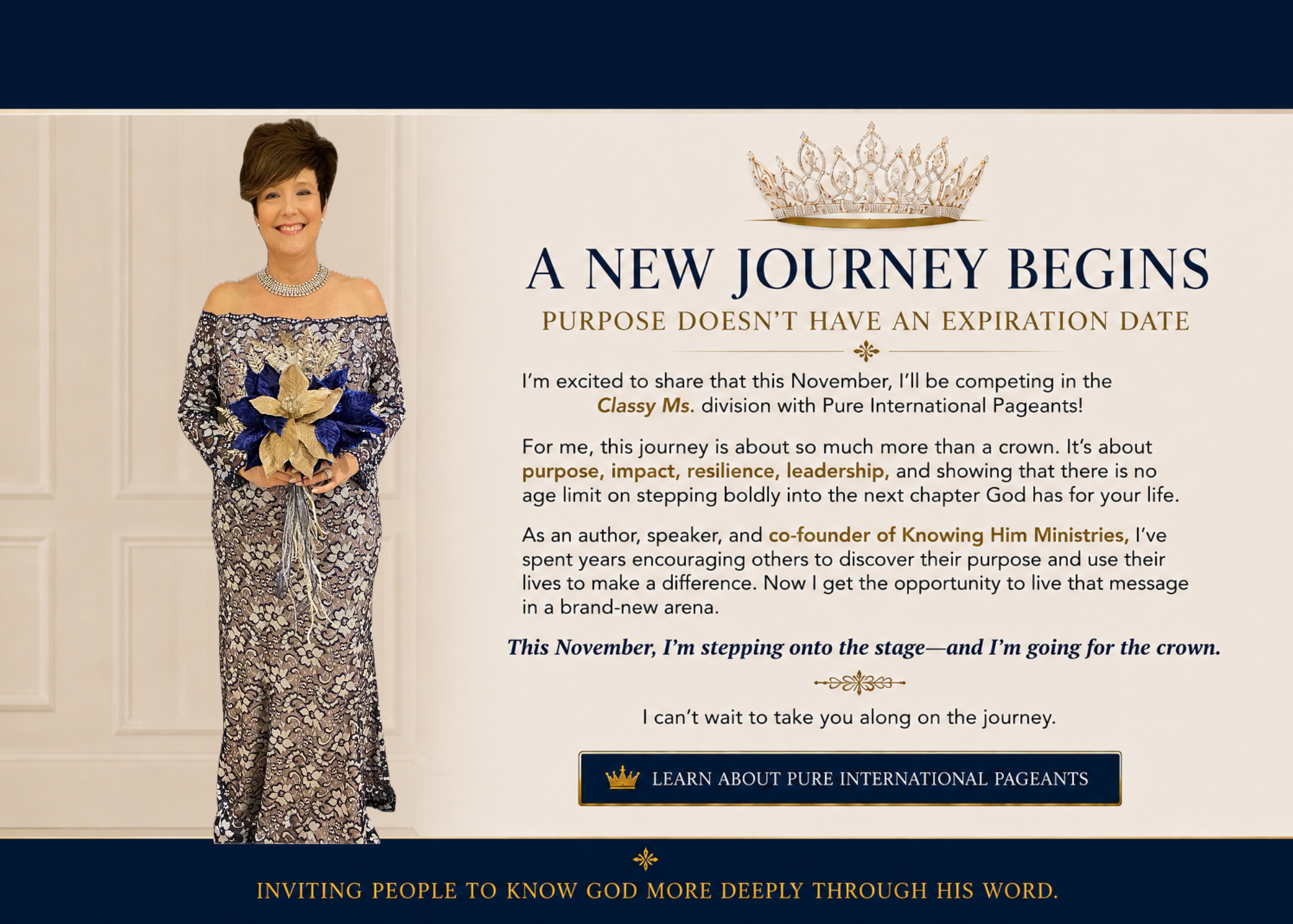 A New Journey Begins — Suzi Redding competing in the Classy Ms. division with Pure International Pageants this November.